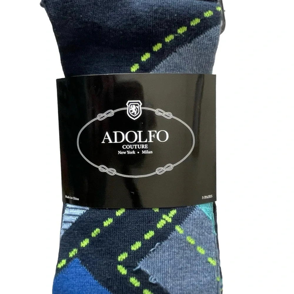 Men's ADOLFO Couture Dress Socks Blue Argyle Stripes Dots 3-Pair Pack Size 10-13